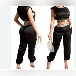 Cien Size Medium Black Satin 2Pc Pant Set With Geometric Elastic Waist. Preloved